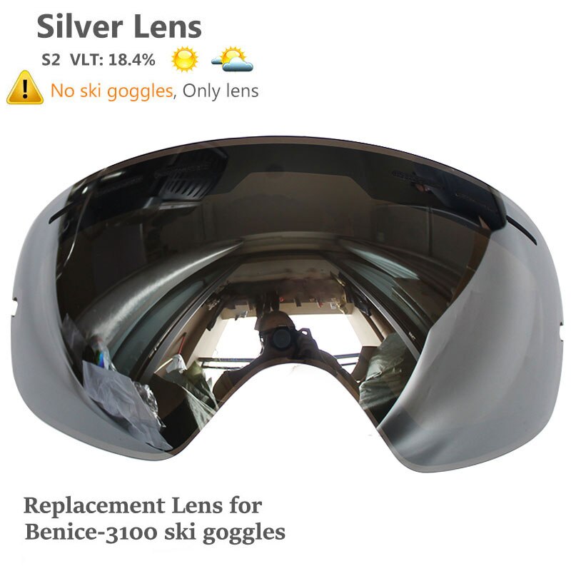 Benice double Layers UV anti-fog lens Men ski goggles big spherical skiing snowboarding snow glasses Eyewear 3100 Set case: Silver Lens Only