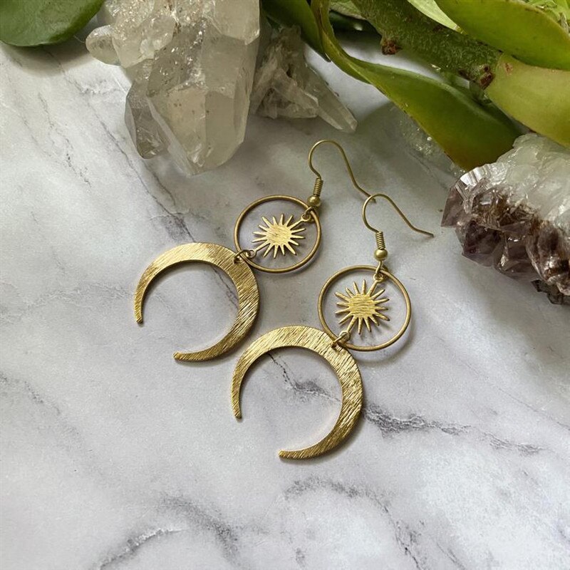 Celestial Sun and Moon Earrings Crescent Phase Boho Witchy Brass or Antique Gold Color Jewelry 2022 Women Girlfriend