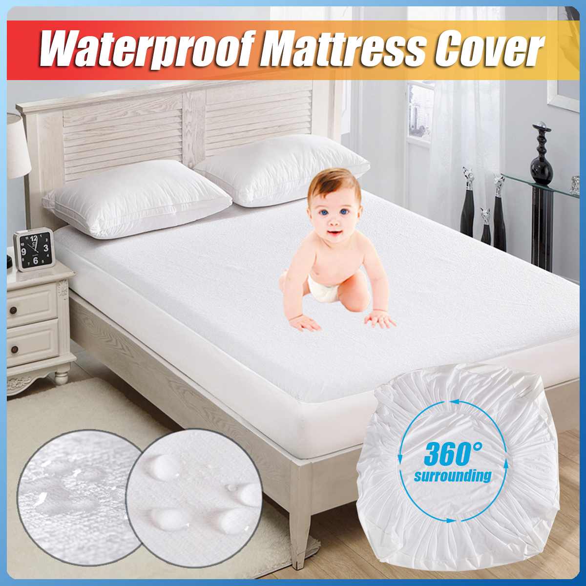 Waterproof and Stain Resistant Mattress Protector Bed Bug Proof Washable Hypoallergenic Mattress Covers White package edge