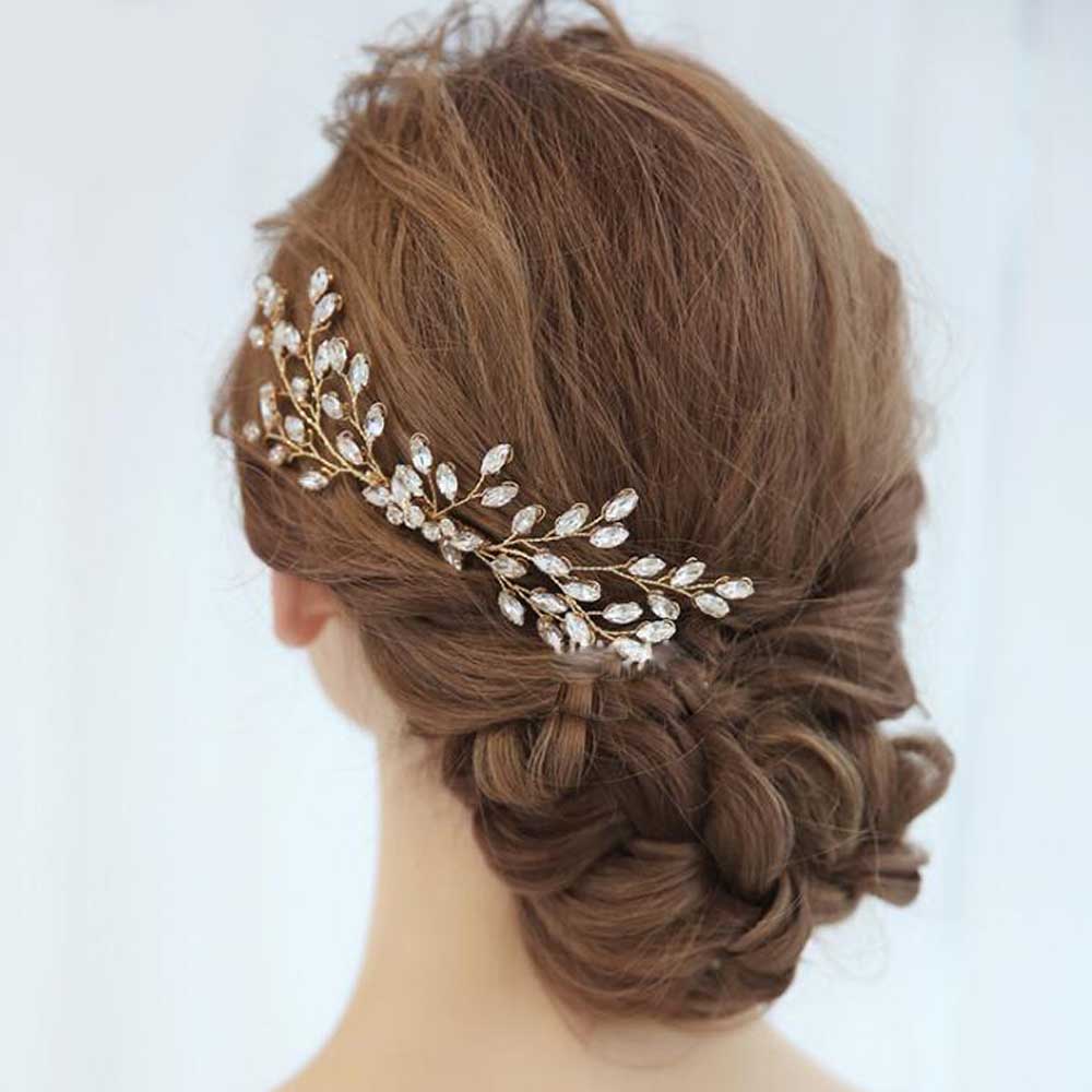 Peigne à cheveux avec strass dorés pour mariée, accessoires avec peignes latéraux en cristal, couvre-chef pour femmes