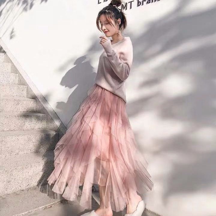 Vangull tutu tyl nederdel kvinder lang maxi mesh nederdel forår sommer koreansk sort pink høj talje plisseret nederdel kvinde