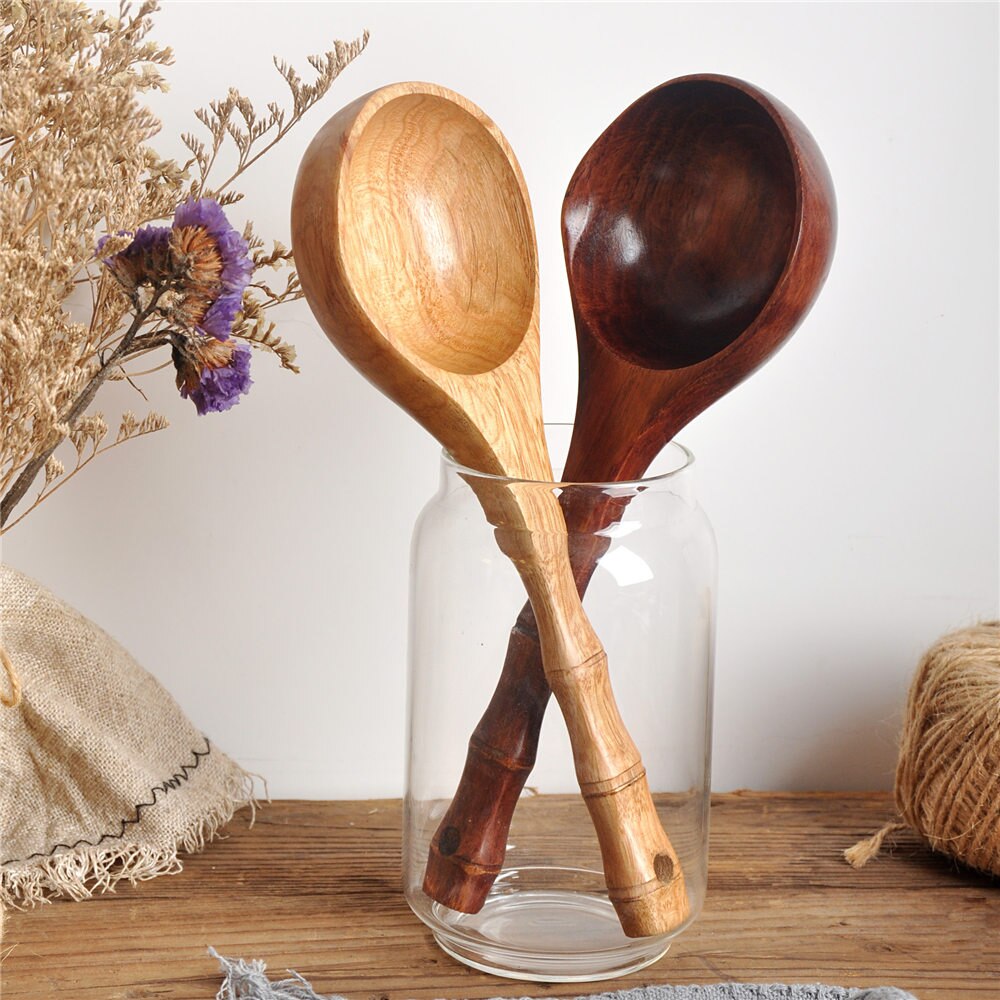 Cucharas grandes de madera para sopa, cuchara de cocina de estilo japonés, cucharón duradero, utensilios de cocina con mango largo