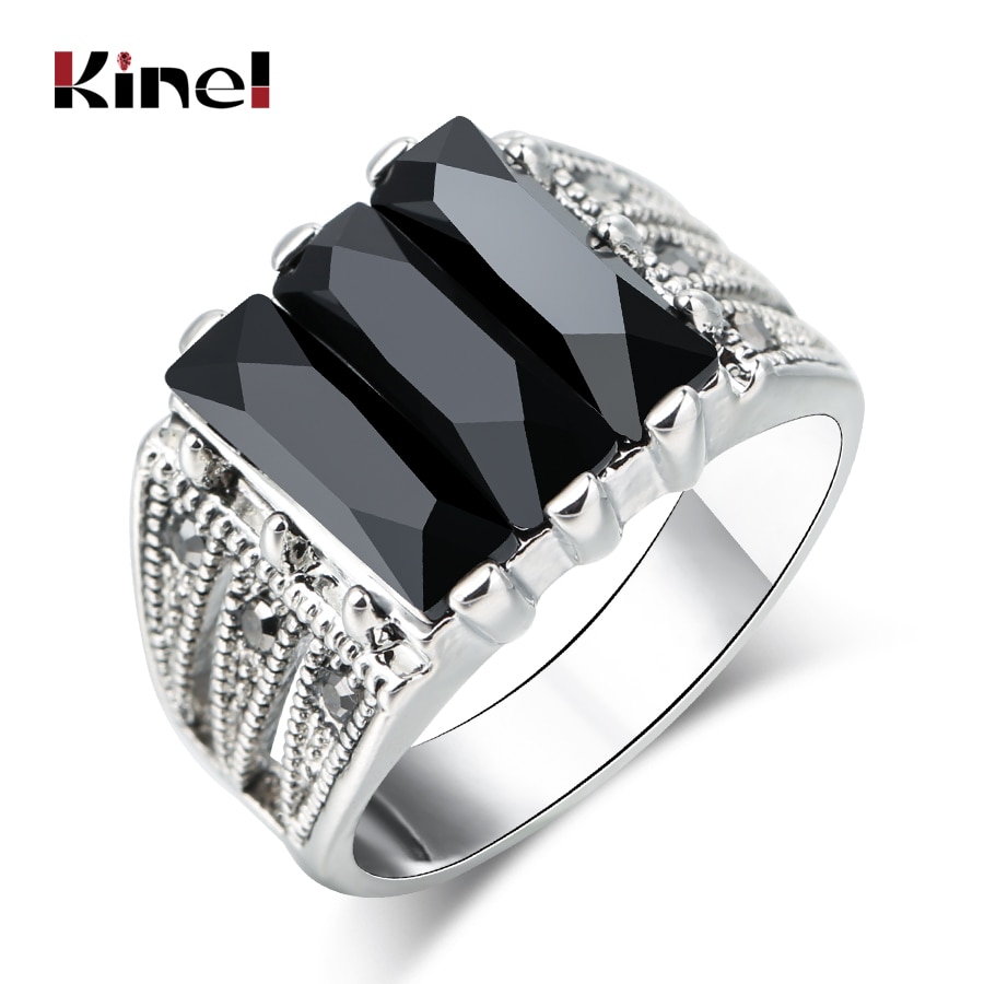 Kinel Gothic Zwarte Ring Mannen Antieke Tibetaanse Zilveren Mozaïek Bright Crystal Vintage Sieraden Punk Wedding Ring