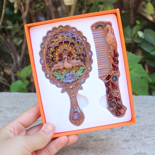 Travel retro makeup handle mirror comb set simple portable dormitory decor student mirror Peacock mirror LB41613: 4