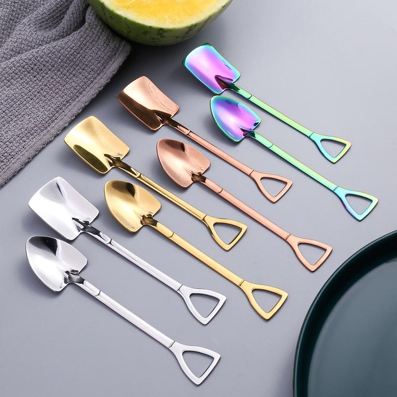 1Pcs 304 Stainless Steel Iron Shovel Spoon Retro Style Coffee Ice Cream Spoon 3Colors Multi Purpose Cusp/Square Kitchen Gadget