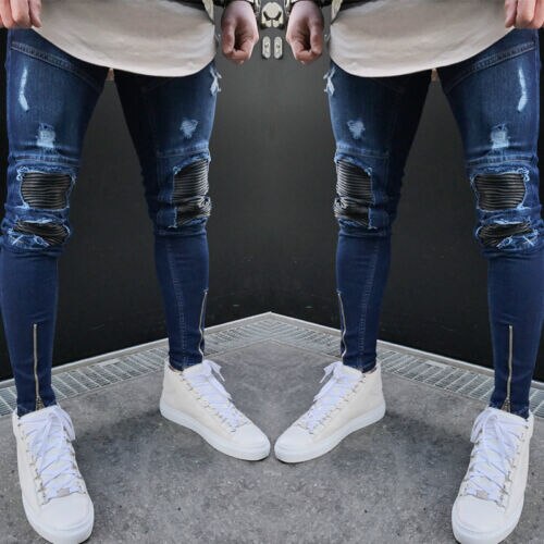 Gli uomini Alla Moda jeans Strappati, Pantaloni motociclista magro sottile Etero Pantaloni in denim Della Chiusura Lampo
