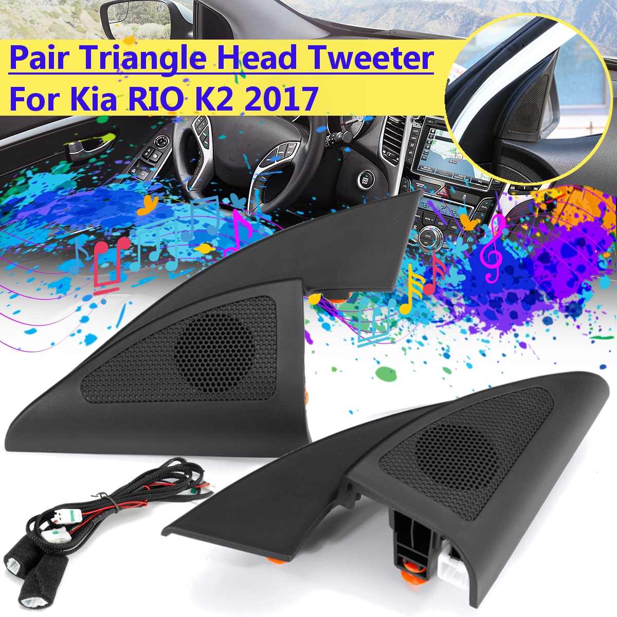 2pcs Black Front Triangle Head Tweeter Speaker with Wire Car tweeter audio trumpet speakers tweeter For kia RIO K2