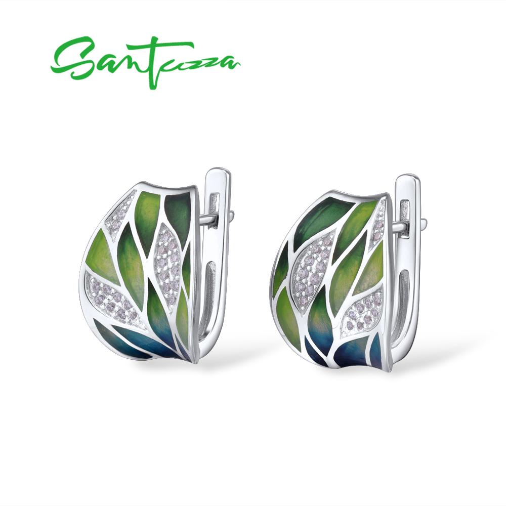 SANTUZZA Silver Earrings For Women Genuine 925 Sterling Silver Green Bamboo leaves Shiny White CZ Fine Jewelry Handmade Enamel