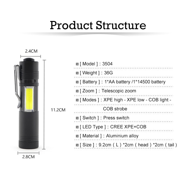 Super Bright Adjustable led torch Flashlight 3800LM XML-Q5+COB LED Flashlight Use AA 14500 Battery Waterproof for fishing