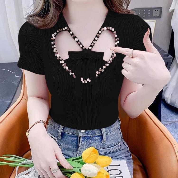 Short Sleeve Women's Summer Beautiful Bow T-shirt Beaded Sense Niche Unique Chic Top: L / Beige