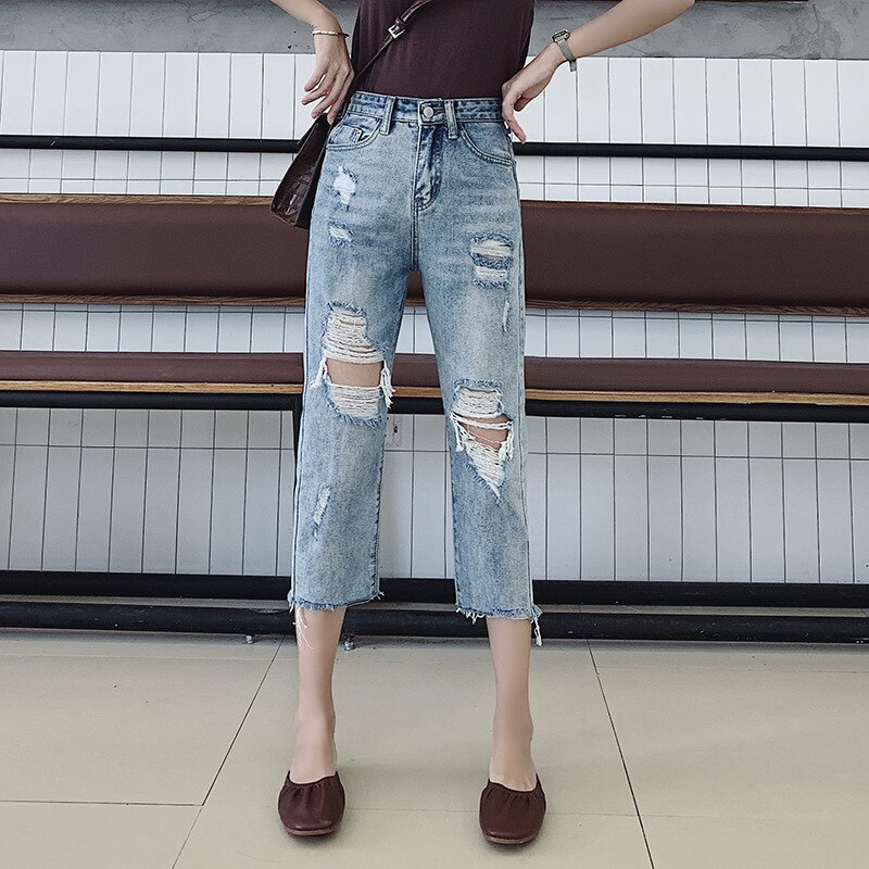 Sexy déchiré jean pour femmes pantalon Vintage taille haute jean Femme ample Streetwear grande taille trou Denim jean 4XL: XL