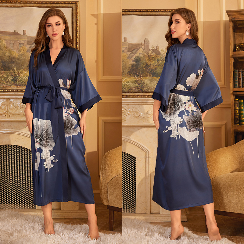 Peignoir kimono à manches mi-longues de style japonais pour femmes, robe longue femme, chemise de nuit, vêtements de nuit, satin imprimé fleuri, robe en span pour la maison: Rouge