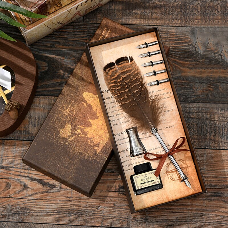 Luxury Fountain Pen Set Colorful Vintage Feather Pen Classic Calligraphy Ink Pens Dip Quill for Student Writing Pen Box set: 15