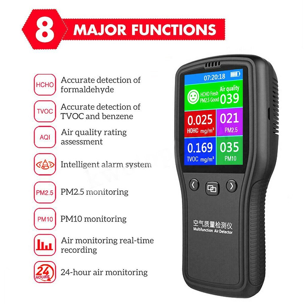 8 em 1 profissional monitor de qualidade do ar digital analisador gás pm2.5 pm10 formaldeído hcho tvoc lcd detector gás