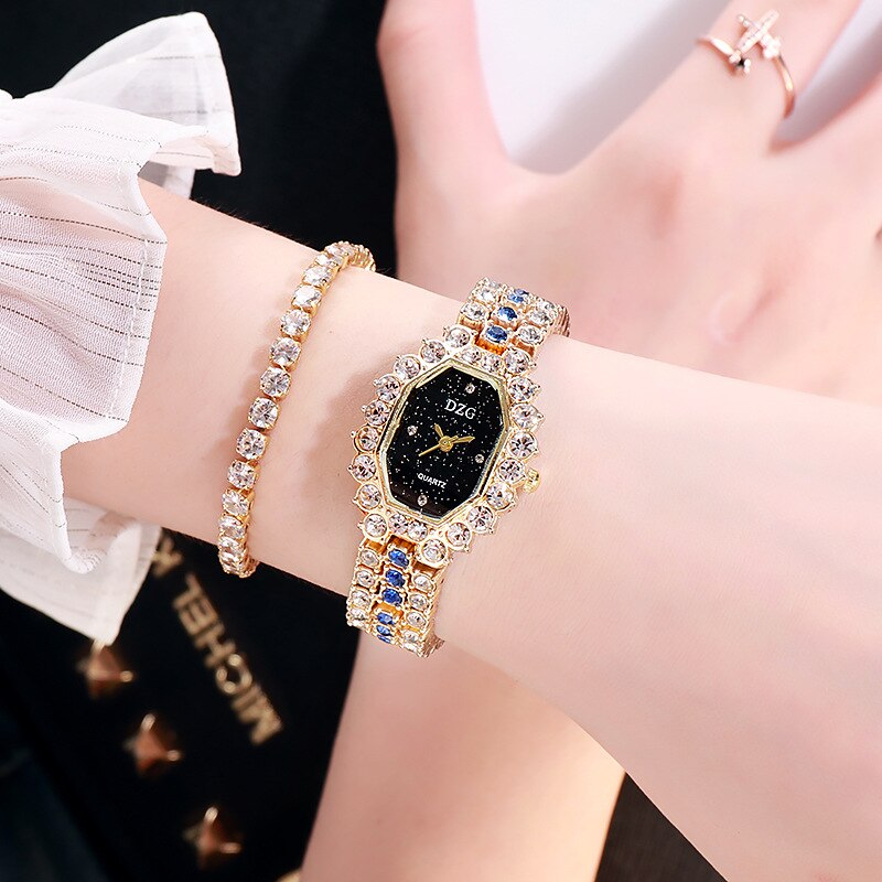 Dameur armbånd firkantet ur fuld diamant dameur casual starry sky watch: Guldblå