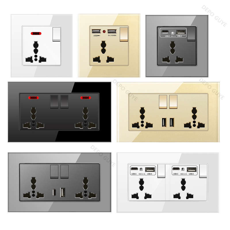 Universal Wall Socket 18W Type-C Fast Charging Plug Outlet,Glass Double 3-Pin Power Socket with DC 5V 3.1A Type-c USB Charger