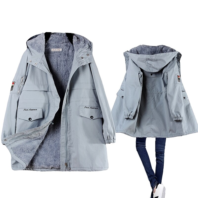 Vinter fleece dam parkas dam huva medellång quiltad varm vinterkappa vadderad rosa blå dam vindjacka stor storlek: Marinblå parkas / L