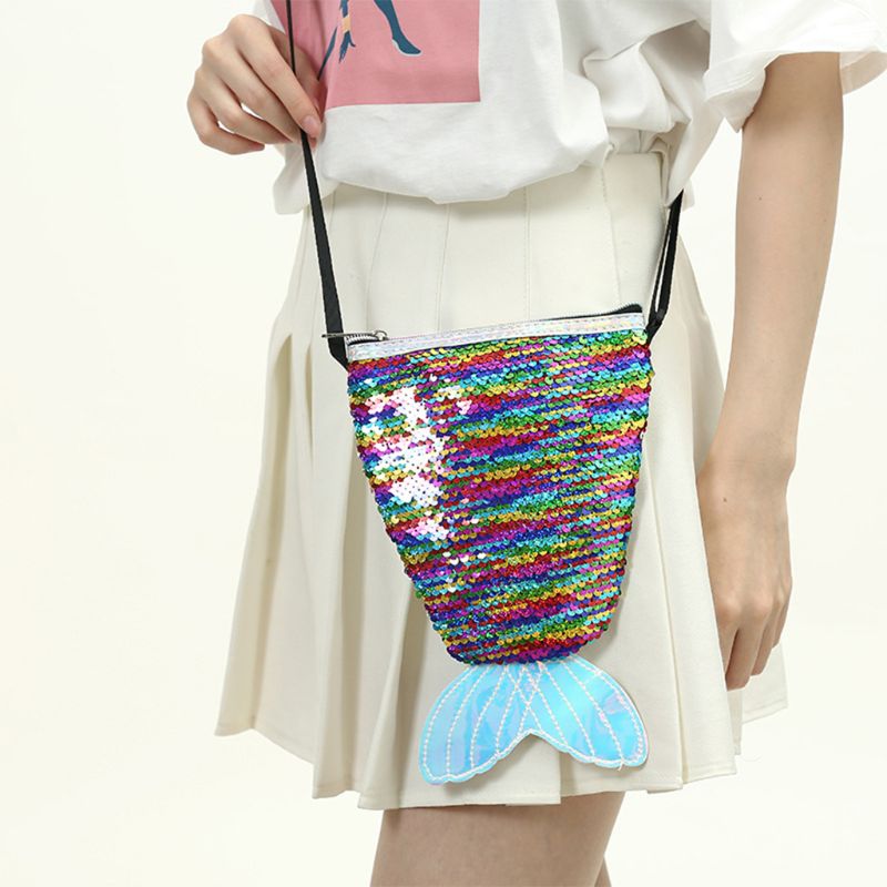 Sequins Hologram Fish Tail Coin Purse Mini Travel Crossbody Shoulder Bag for Women Girls