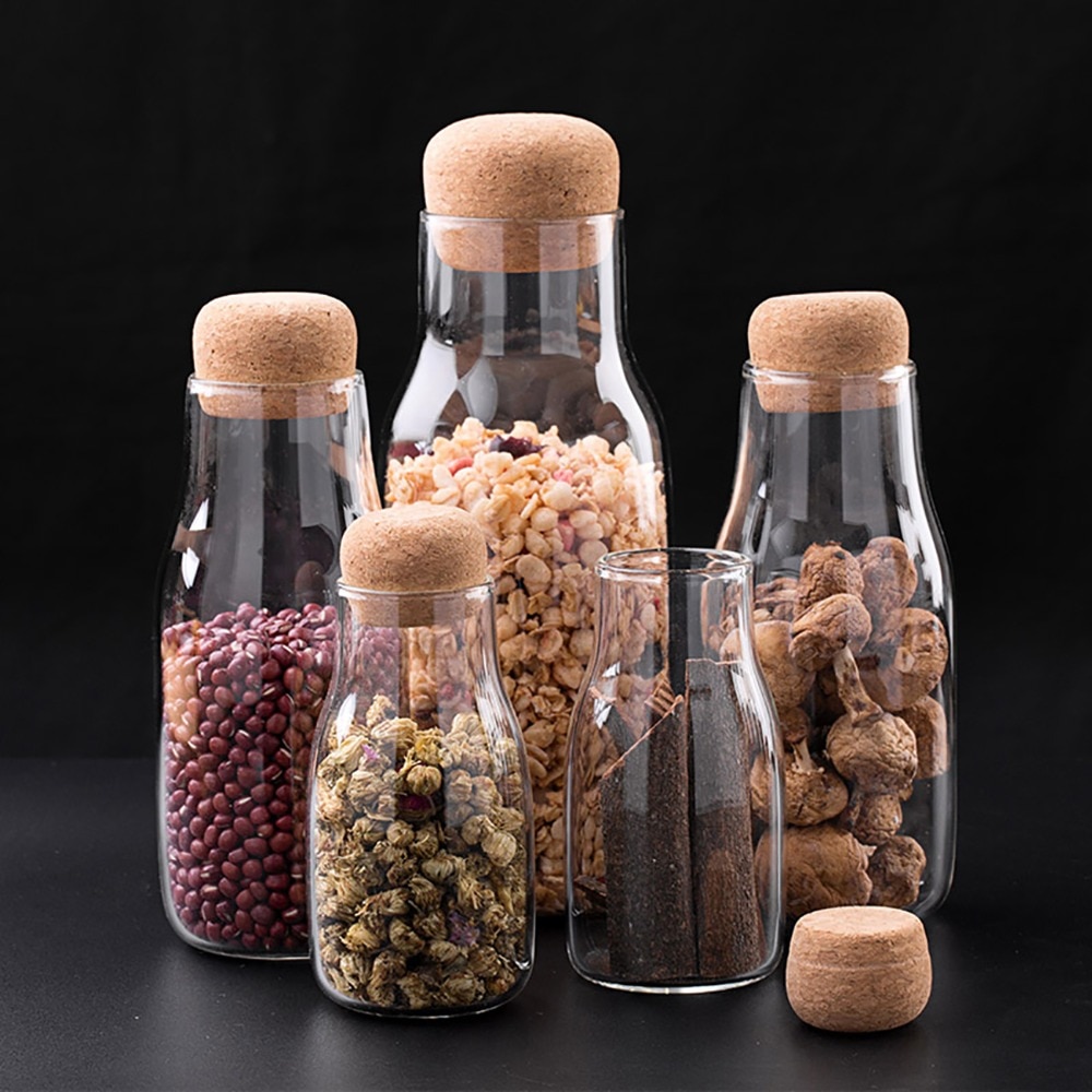 Kitchen Storage Containers Transparent Glass Food Storage Jar Bottle Cereal Container Wood Plug Kitchen Organization