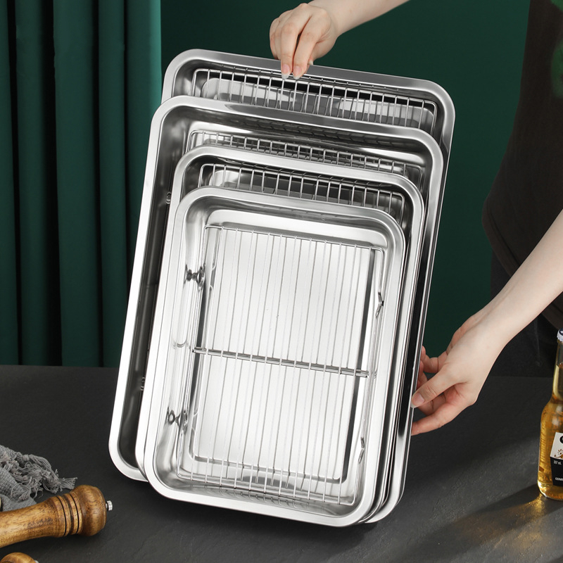 Placas de almacenamiento rectangulares, utensilios para hornear de acero inoxidable con rejilla de refrigeración, bandeja para hornear para horno de cocina, bandeja con filtro de aceite, bandejas para servicio de alimentos