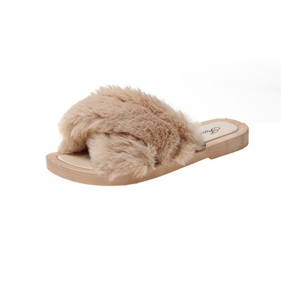 Femmes chaussures moelleux fausse fourrure sandales femmes 20202 été grande peluche sandales décontracté en plein air sandales femme fourrure tongs: Kaki / 40