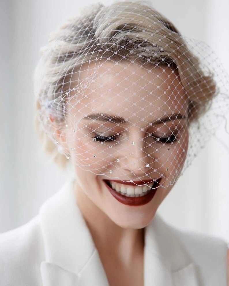 Veil for Face White Shiny Rhinestone Veil Hair Comb Charming Birdcage Veil Blusher Veil Wedding Hair Accessories Fascinators: white
