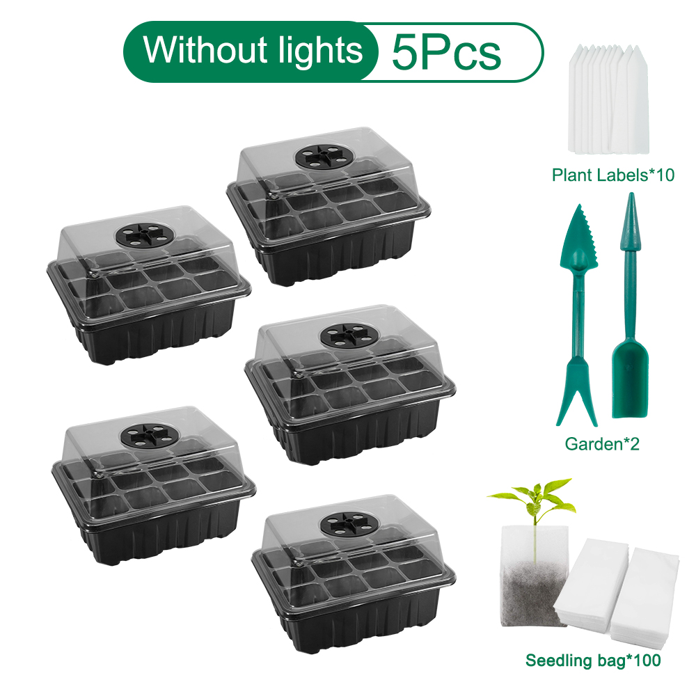 5Pack Plant Seed Seedling Starter Trays Kit with Grow Light Indoor Greenhouse Mini Propagator Station for Seeds Growing Starting: Black A Set