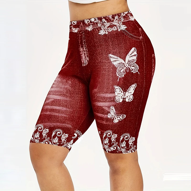 High Waist Women's Leggings Comfy Faux Denim Floral Geometric Patterns Y2K Style - Perfect for Yoga Casual Wear All Seas: S / Red