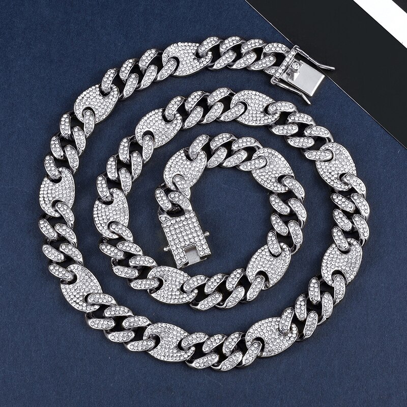 Hip Hop Bling Aaa + Iced Out Lichtmetalen Rhinestones Koffieboon Miami Cubaanse Ketting Voor Mannen Sieraden