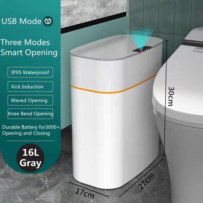 Smart Trash Can Intelligent Sensor Dustbin Electric Automatic Rubbish Can Waterproof Dustbin Household Kitchen Toilet Bin: 16L USB Gray