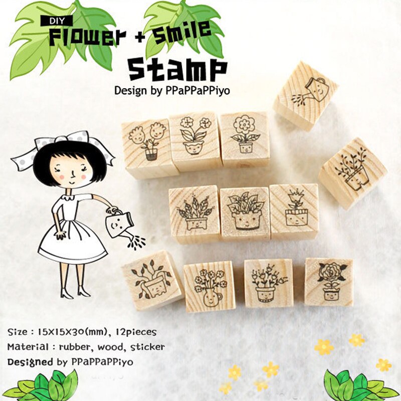 12 pcs/set DIY Cute Sweet Flower Wooden Stamps for Decor Diary Scrapbooking Korean Stationery School Supplies
