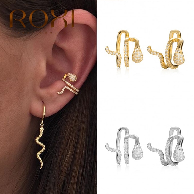 ROXI 1Pair ins Double Snake Ear Clips Earrings for Women Clip on Earrings Funny Animals NO Piercing Silver Ear Cuff Cilp Earring