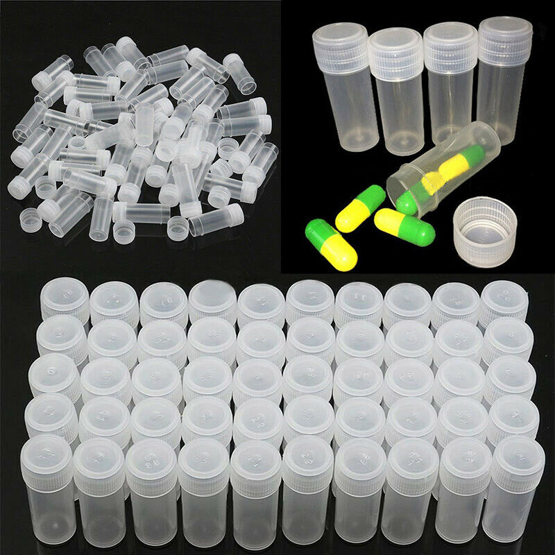 50Pcs/lot 5ml Plastic Sample Bottles Mini Clear Storage Vials Case Pill Capsule Storage Containers Jars Test Tube Pot For Lid