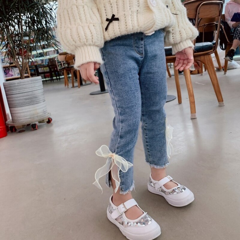 Jeans Voor Meisjes Elegante Boog Leuke Denim Broek Zoete Strik Stretch Mooie Lente Kind Broek Peuter Kind Baby Steetwear