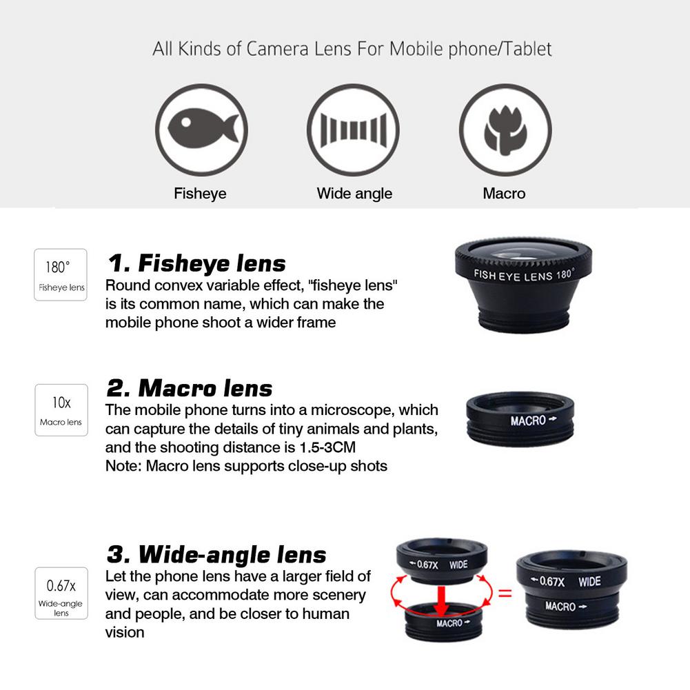 Universal- 3 in 1 Telefon Kamera Objektiv Bausatz Fisch Auge Weitwinkel Makro Fisheye Objektiv Zoomen Für Iphone Xiaomi huawei Smartphones