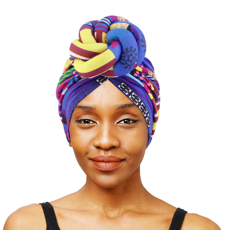 African Print Turban for Women Pre-Made Top Knot Head Wraps Flower Stretch Hijab Ladies Party Wedding Headdress