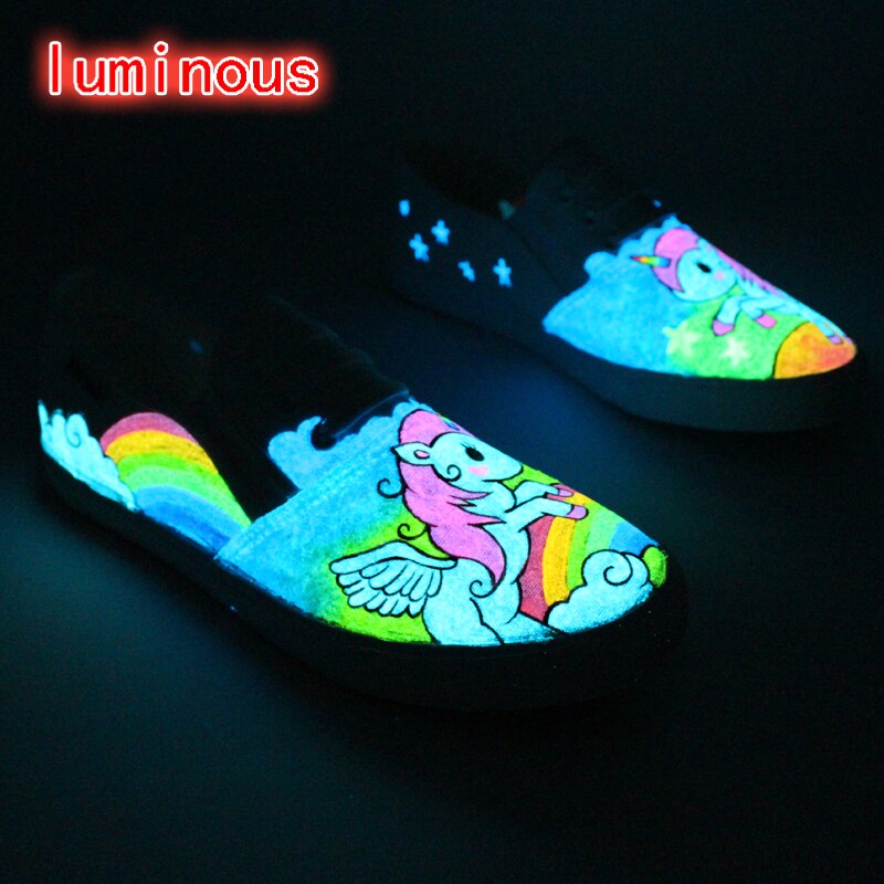 Nieuws lichtgevende canvas schoenen voor dames, handbeschilderd, instappers, glow in dark schoenen, persoonlijkheid, straatpat, wit, grote maat
