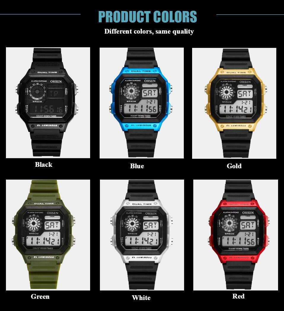 OHSEN Digital Sport Men Watch 50 Waterproof Diving Man Casual Wristwatches Alarm Stopwatch blue Watches Reloj Hombre