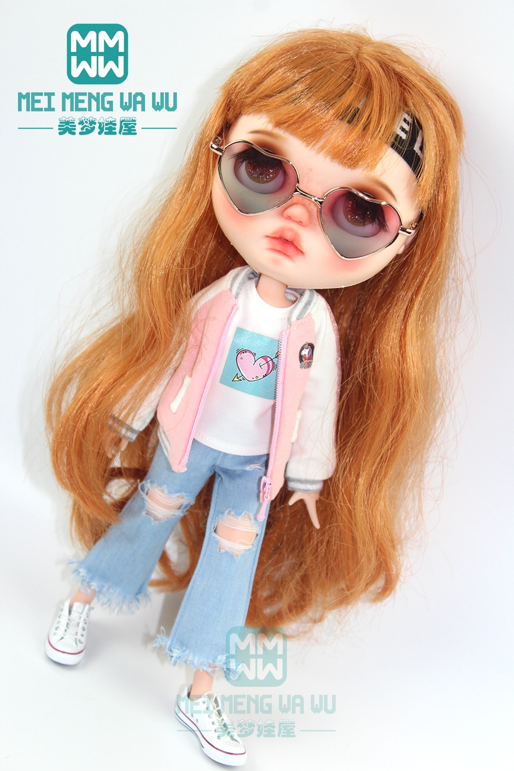 1 stücke Blyth Puppe Kleidung Hemd, zerrissene Jeans, stirnband, socken für 28-30cm Blyth Azon OB22 OB24 puppe zubehör