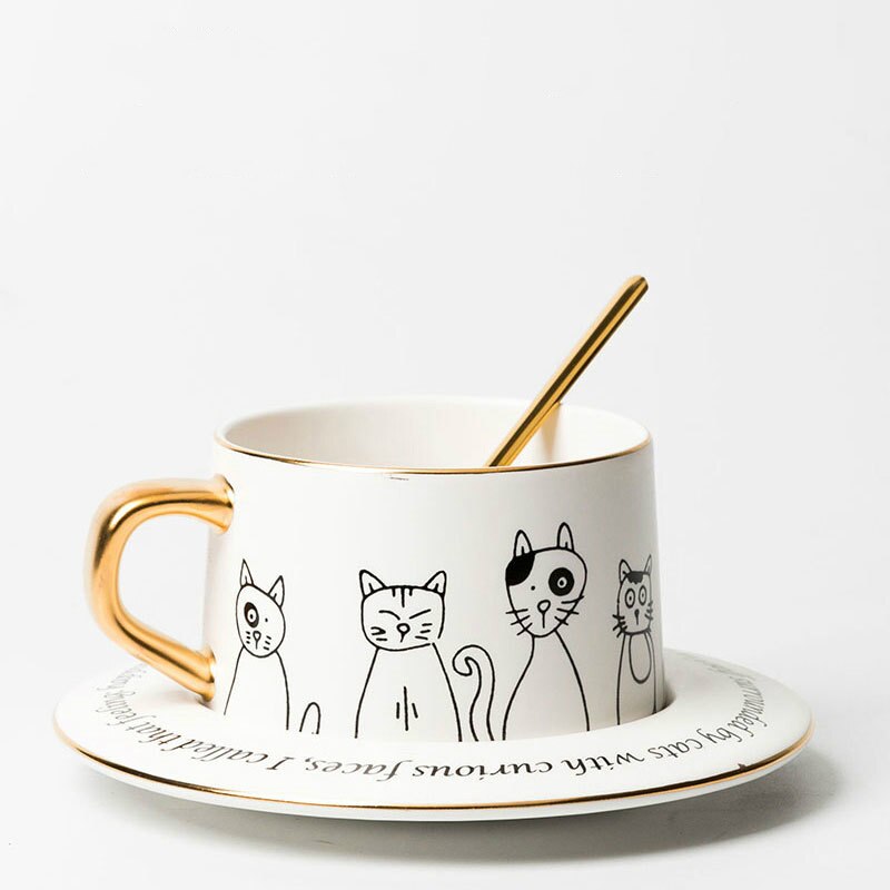 Tasse à café européenne et soucoupe ensemble dessin animé chat à la main porcelaine nordique Ins Simple noir blanc tasse à café le pichet: White