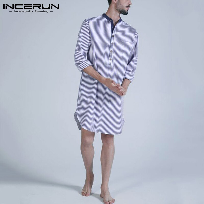 INCERUN Men Robes Homewear Stand Collar Long Sleeve Striped Patchwork Nightgown Button Sleepwear Leisure Cozy Men Bathrobe S-5XL