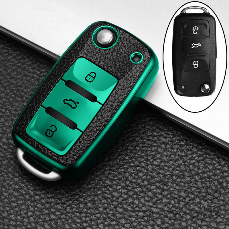 Tpu Lederen Auto Sleutel Cover Case Voor Volkswagen Vw Bora Polo Tiguan Jetta Passat B5 B6 B7 Golf Beetle voor Skoda Octavia: green