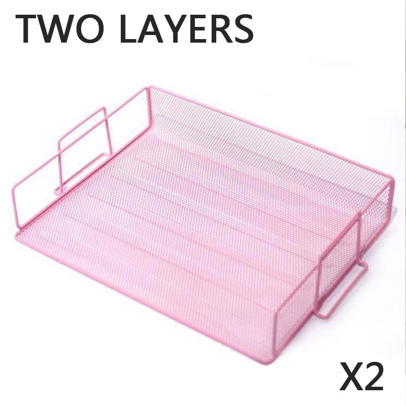 Stackable Metal A4 File Document Tray Paper Storage Rack Magazine File Holder Filing Cabinet Office Accessorie Desk Organizer: Pink 2 Layers