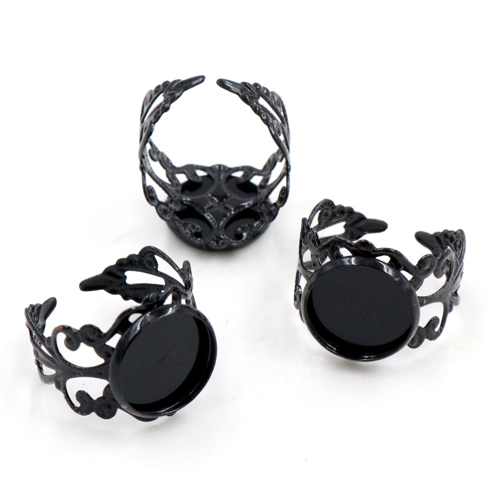 12 Mm 10 Stuks Black Plated Messing Verstelbare Ring Instellingen Blank/Base,Fit 12 Mm Glas Cabochons, knoppen; Ring Bezels -J3-40