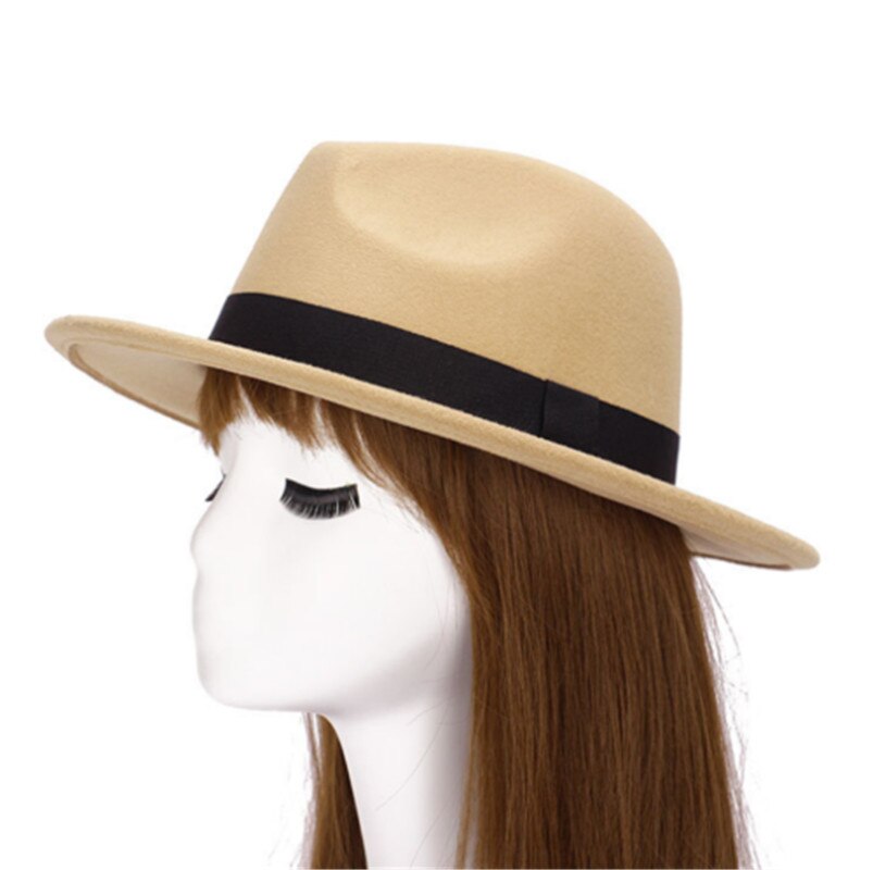 Unisex Wool Felt Fedora Hat Classic Men Gentleman Wide Brim Fedoras Jazz Cap: Camel