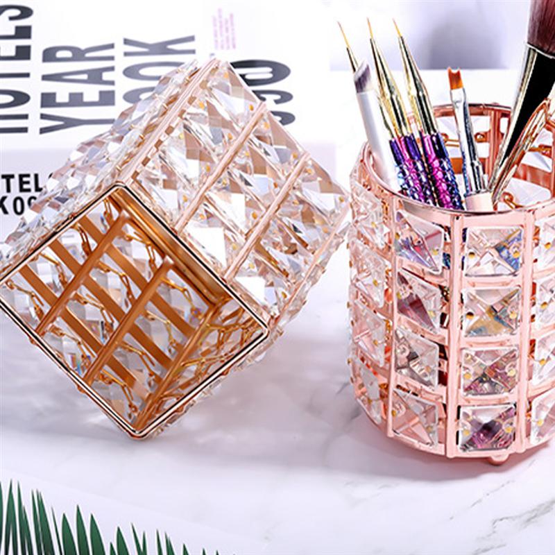 Make-Up Kwasten Houder Kristal Pen Pot Desktop Organizer Diversen Opslag Container Voor Thuis Slaapzalen (Golden, Vierkant)