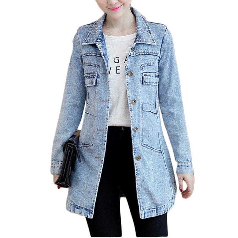 Herfst Winter Koreaanse Denim Jas Vrouwen Slanke Lange Base Coat vrouwen Verzwakte Marineblauw Plus size Jeans Jassen cool 5XL A364: Light blue / S
