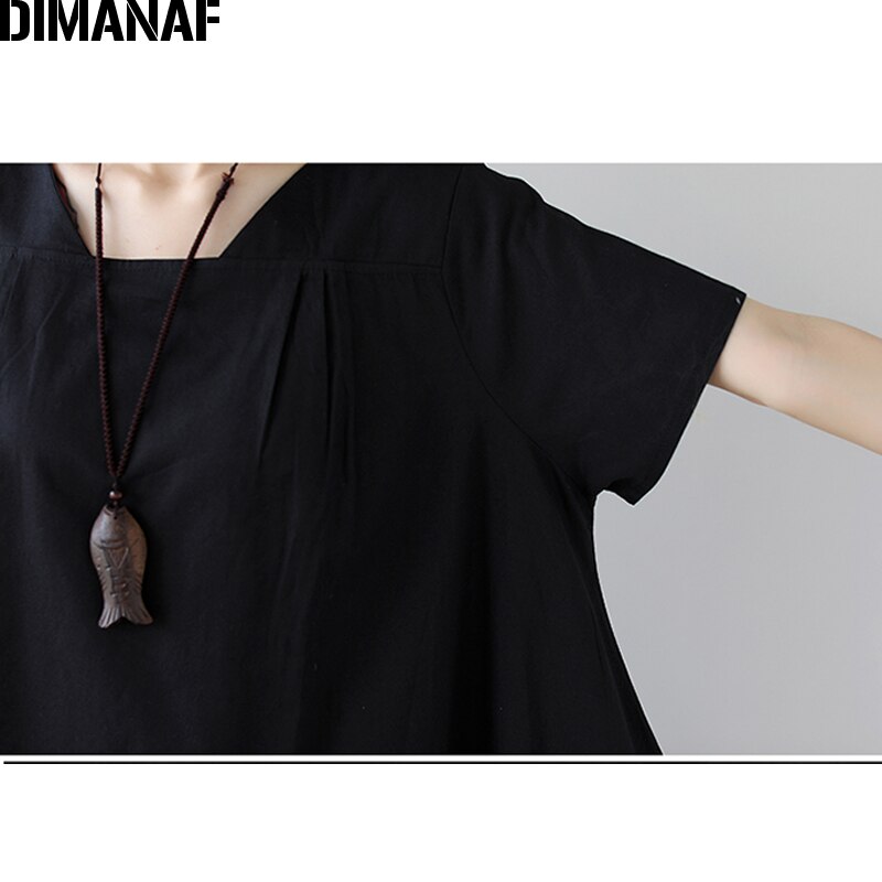 Dimanaf vestido plus size roupas femininas verão vestido de verão do vintage elegante feminino vestidos elegante senhora vestido solto linho preto