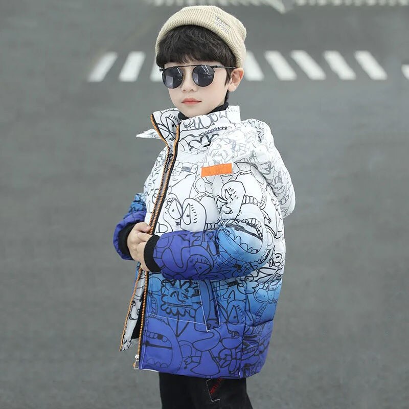 Novo 2021 inverno jaqueta de poliéster para o menino moda gradual mudança com capuz manter quente algodão casaco bonito casual roupas das crianças