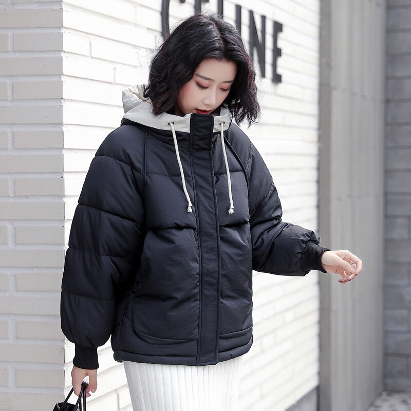 Chaqueta de Invierno para Mujer de con capucha cálida gruesa acolchada prendas de vestir femeninas abrigo corto Parka para Mujer Invierno: Black / L